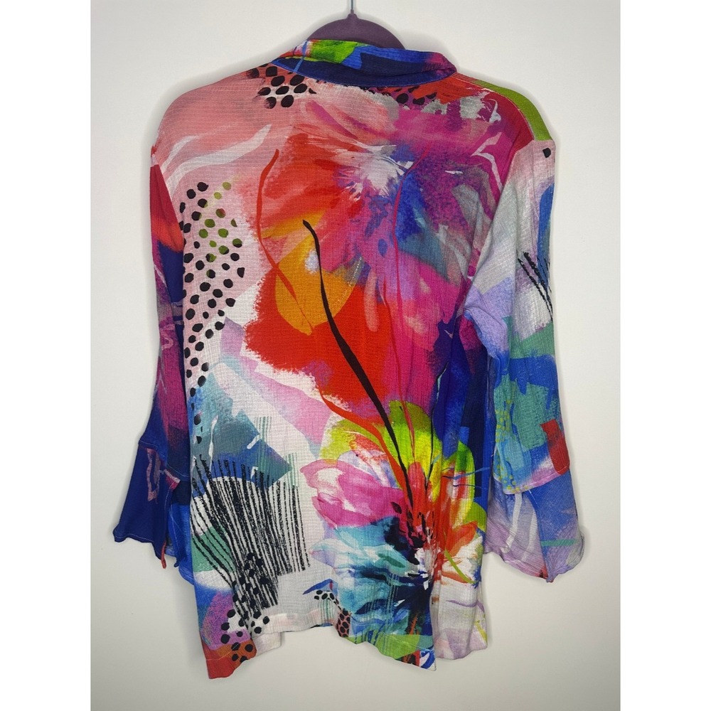 Ali Miles Mix Print Wearable Art to Wear Blouse Button Artsy Wired Collar Top M - Picture 11 of 13